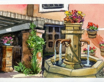 Original watercolor painting "Tuscan Fountain" - Plein air painting of Westlake Village Inn, CA scenery. 6.25" x 9.25", 90 lb archival paper