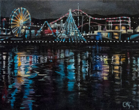 Giclee Print December Night Santa Monica Pier From An Original Oil Painting Exhibition Canvas Archival Ink Dammar Varnish Unframed