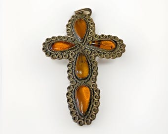 Vintage Sterling Silver Mexico Ornate Cross Natural Amber Pendant