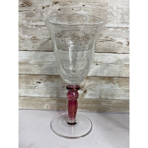 Single Pottery Barn Goblet Wine Water Handblown Bubble PINK Stem Glass 8.25”