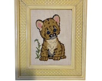 Vtg Needlework Textile Crewel Lion Cub Wall Art Embroidery 1980s Framed Woven