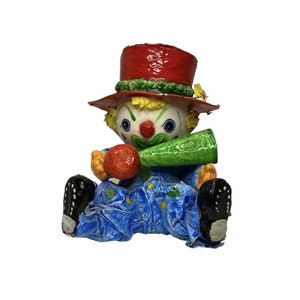 Papier-mâché Mexico Folk Art Sitting Smiling Colorful Clown Holding Horn