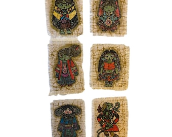 Set of 6 Miao Hmong Folk Art Batik Fabric Panels Hand Painted Mini Textile Art