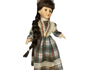 Collectible Bisque Porcelain Doll 16&quot; Victorian Doll Tartan Plaid Dress & Stand