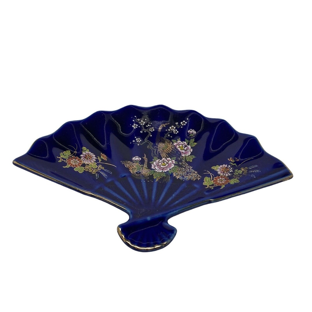 VTG M Cobalt Blue Porcelain Fan Shaped Trinket Teal Floral Peacock Design Etsy