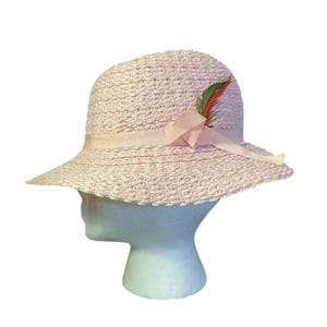Vintage Women’s Pink Straw Cloche Hat with Matching Grosgrain Ribbon & Feathers