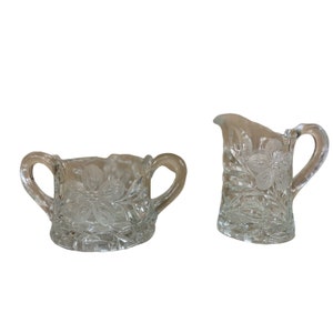 Heavy Glass Creamer & Sugar Flower Pattern EAPG Clear Pressed Glass Antique