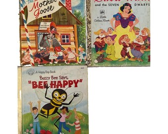 Junk Journal Ephemera Lot 3 Vtg Little Golden Books + Snow White Mother Goose