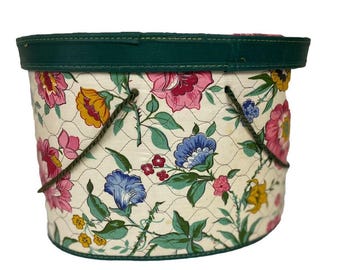 VTG Chintz Floral Oval Sewing Box Padded Quilted Lid Container Storage Pockets