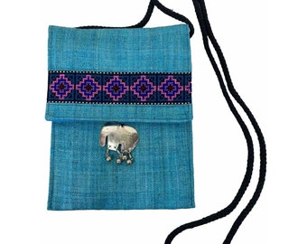 Thai Handmade Slim Crossbody Purse Bag Silver Elephant BOHO Aqua Burlap Charms