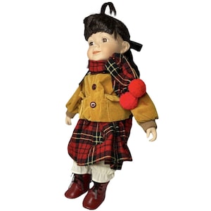 Vtg 15” Porcelain Doll Brunette Brown Eyes, Tartan Plaid Stand Included