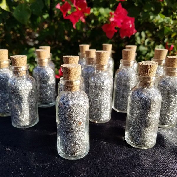 Silver Flake Wish Jar | 3" Tall Jar | Silver Flake Bottle | Bottle of Silver | Crystal Decor | Altar | Ritual | Wish Bottle