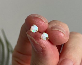 Opal Stud Earrings, Dainty Gold Opal Earrings, October Birthstone, 14k Gold Opal Post Earrings, Dainty White Opal Earrings, Gift for Her