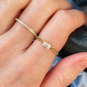 Gold Chain Ring, Dainty Baguette Ring with Cubic Zirconia