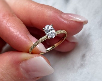 Gold Oval Ring, Stackable Stardust Ring, Dainty Cubic Zirconia Diamond 14k Gold PVD Promise Ring