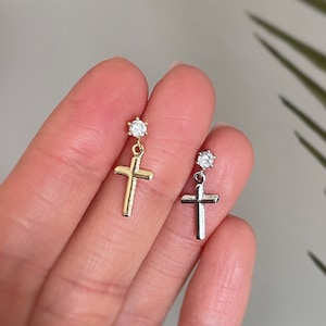 Cross Earrings for Men, Dangle Earrings, Mens Dangle Earring, Huggie Hoop Earring, Unisex Gold Small Cross Earrings, Dangle Cross Earring