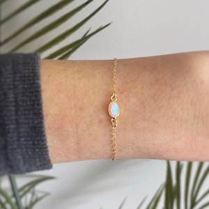 Opal Bracelet, Gold Oval Opal Bracelet, Dainty Sterling Silver Charm Bracelet, October Birthstone Bracelet for Mom, Handmade Jewelry