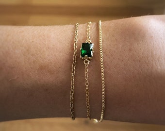 Gold Emerald Bracelet, Gold Baguette Bracelet, Delicate Stacking Bracelets for Women, Emerald Green May Birthstone, Gold Filled Jewelry