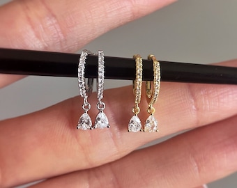 Teardrop Huggie Hoop Earrings, Tiny Pear Drop Earrings, Sterling Silver Dangle Earrings, Pear Diamond Earrings - Micro Pave Huggie Hoops