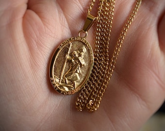 Saint Christopher Necklace, Oval Pendant, Mens Gold Cuban Chain, 18k Gold PVD Unisex, St Christopher Medal, Religious Cross Necklace