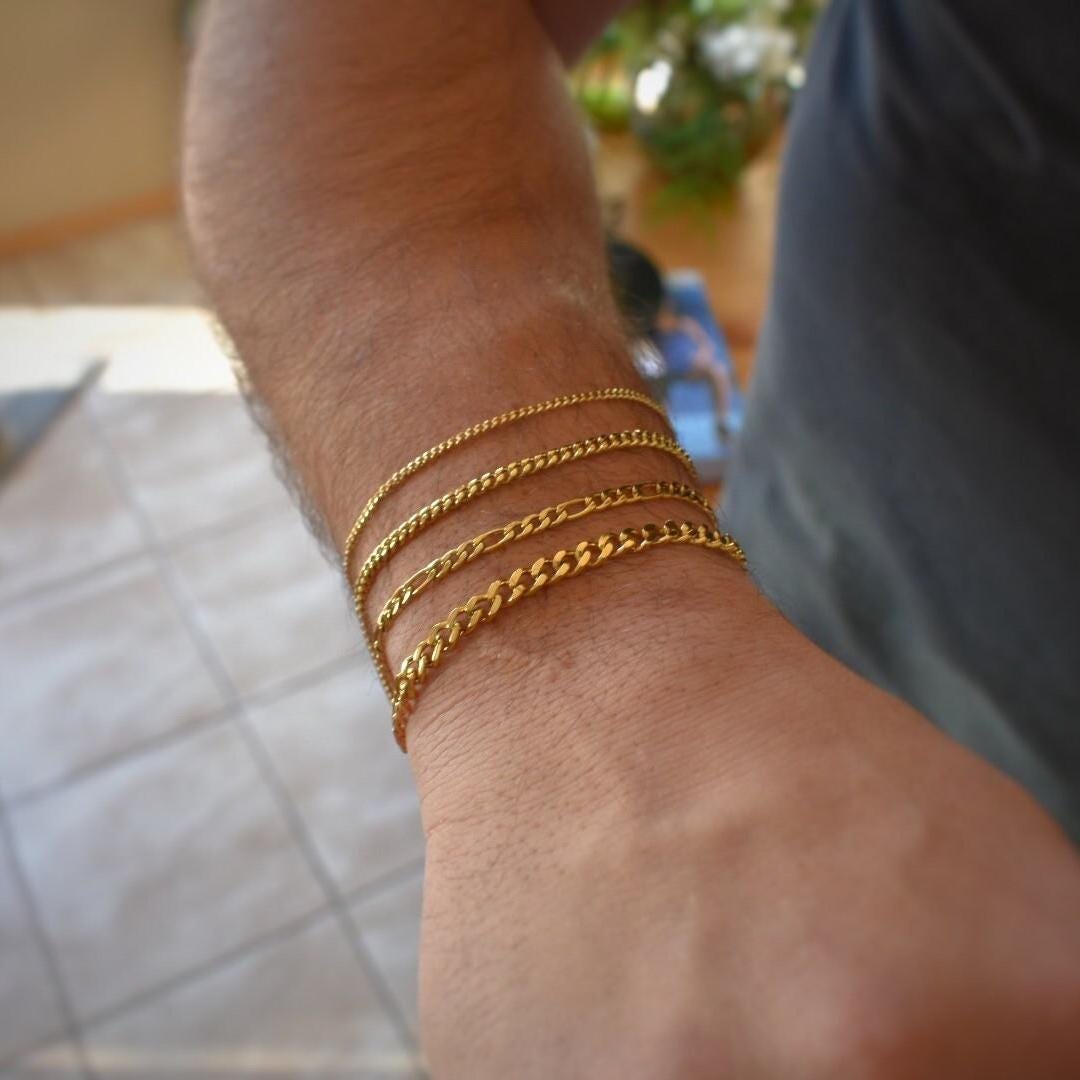 Buy Mens Gold Bracelet, 18k Gold Cuban Figaro Bracelet, 3mm Thick Cuban  Curb Chain, Waterproof Bracelet Anti Tarnish Unisex Jewelry Online in  India