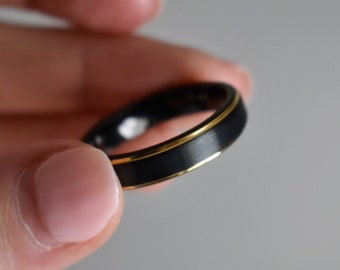 Mens Gold Black Ring, Tungsten Ring, Travel Wedding Band Ring, Minimalist Jewelry for Him, Mens Unisex Wedding Band