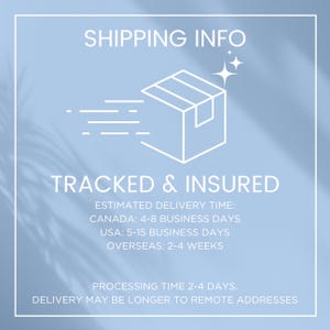 May include: A light blue square graphic featuring a white line-art icon of a cardboard box with motion lines and sparkles. The text reads SHIPPING INFO, TRACKED & INSURED, along with estimated delivery times for Canada, USA, and overseas locations.