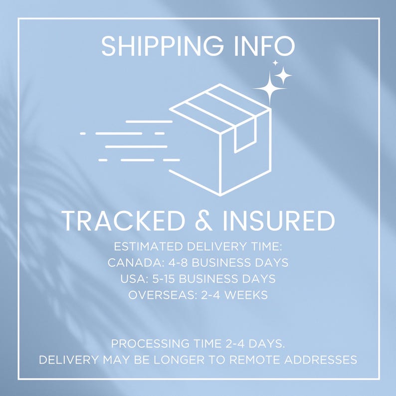 May include: A light blue square graphic featuring a white line-art icon of a cardboard box with motion lines and sparkles. The text reads SHIPPING INFO, TRACKED & INSURED, along with estimated delivery times for Canada, USA, and overseas locations.