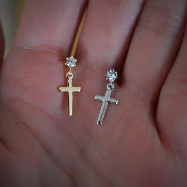 Cross Earrings for Men, Dangle Earrings, Mens Dangle Earring, Huggie Hoop Earring, Unisex Gold Small Cross Earrings, Dangle Cross Earring