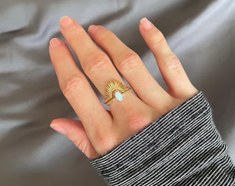 Gold Sun Ring, Sunburst Ring for Women, Stacking Non Tarnish Ring, Waterproof Jewelry, Rose Gold Sun Ring, Unique Statement Ring, Gold PVD