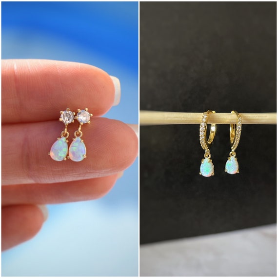 Dainty Opal Earrings October Birthstone Gold Opal Dangle