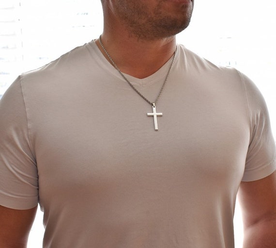 Mens Cross Necklace Silver Steel Cross 