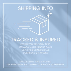 Peut inclure: Un graphique carr&eacute; bleu clair avec un dessin au trait blanc repr&eacute;sentant un carton avec des lignes de mouvement et deux petites &eacute;toiles. Le texte indique SHIPPING INFO, TRACKED & INSURED, ESTIMATED DELIVERY TIME, CANADA, USA, OVERSEAS et PROCESSING TIME.