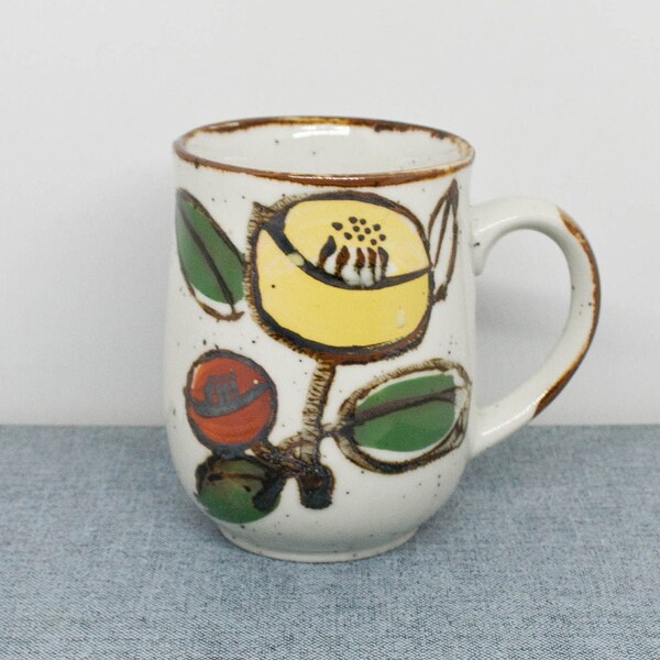 70s Floral Stoneware Mug - Yellow and Red Flower Mug - 80s Tea Cup - Ceramic Coffee Cup - Floral Speckled Stoneware - Ceramic Mug