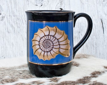 70s Otagiri Shell Mug - Ocean Beach House Mug - Handcrafted in Japan - Black Otagiri Japan - Sea Shell Image - 70s Otagiri - Beach House Mug