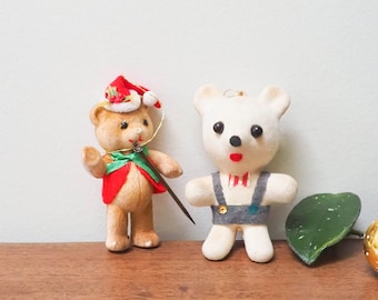 Flocked Teddy Bear Christmas Ornaments Pair - Vtg Mismatched Christmas Bear Decorations - Set of 2 - Teddy Bear Christmas
