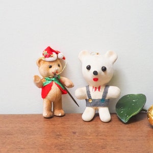 Flocked Teddy Bear Christmas Ornaments Pair - Vtg Mismatched Christmas Bear Decorations - Set of 2 - Teddy Bear Christmas