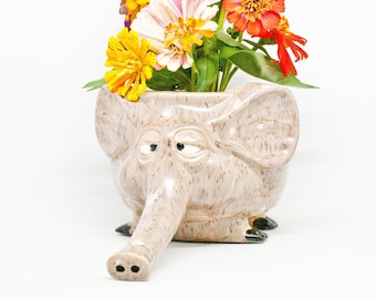 Ceramic Goofy Elephant Planter - Vintage Animal Plant Holder - 70s Kitschy Elephant Figurine - Nursery Kids Room Decor - Baby Shower Gift