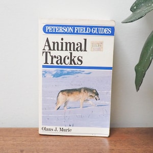 Peut inclure: Un exemplaire vintage de "Animal Tracks" d'Olaus J. Murie de la série Peterson Field Guides. La couverture du livre présente un loup marchant dans un paysage enneigé. Le livre est posé sur une surface en bois avec une plante en arrière-plan.