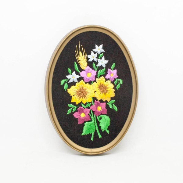 Framed Embroidery Wildflower Art  - Black Velvet Ectasy Giftware - 70s Framed Embroidered Art - Airbnb Decor - Framed Floral Embroidery