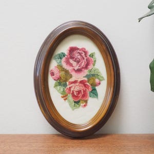 Oval Floral Petit Point Framed Art - Faux Wood Framed Floral Needlework - Gift for Mom Aunt - Cottagecore - Rose Needlework