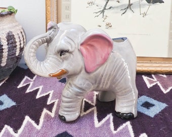 Ceramic Shafford Elephant Planter - Vintage Animal Plant Holder - 70s Kitschy Elephant Figurine - Nursery Kids Room Decor - Baby Shower Gift