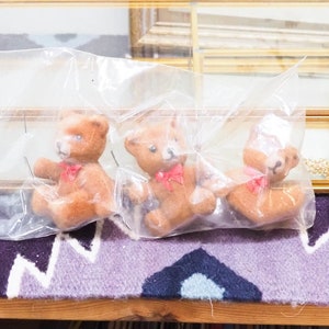 Flocked Teddy Bear Figurines - Set of 3 - Vintage Cute Bear with Bows - Flocked Playful Teddies - In Original Packaging