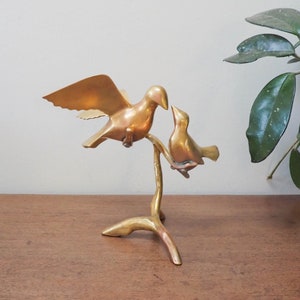 Brass Birds sitting on a branch - Vintage Perched Brass Song Birds - 70s Decor - Brass Bird Paid on a Stem - Housewarming Gift
