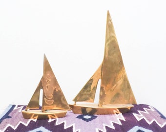 Vintage Brass Sailboat Figurines: Beach House Nautical Decor, Set of 2