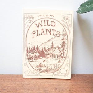 May include: A rectangular cream-colored sign featuring a brown line-art illustration of a cabin in a forest. The text "SOME USEFUL WILD PLANTS" is printed in brown at the top. The design is enclosed in an oval frame with decorative scrollwork.