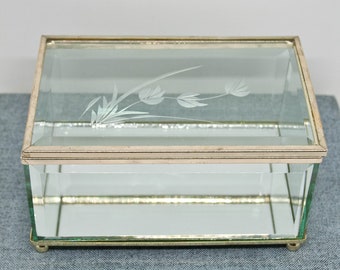 Glass and Mirrored Jewelry Box - Vtg Etched Glass Display Case - Vintage Etched Bird Design - Vanity Decor - Curio Case - Ring Dish