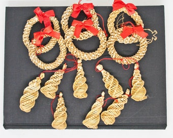 Wunderschöner schwedischer Weihnachtsbaumschmuck 14er Set - Gewebte Weihnachtsdekoration - Vintage Rattan Dekor - Skandinavische Baumverzierung