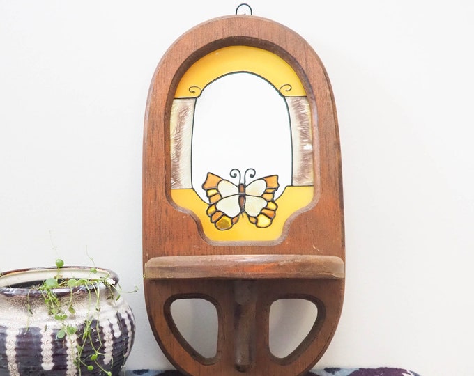 Rustic Wall Shelf and Mirror 70s Cute Curio Shelf Vintage Floating Wood