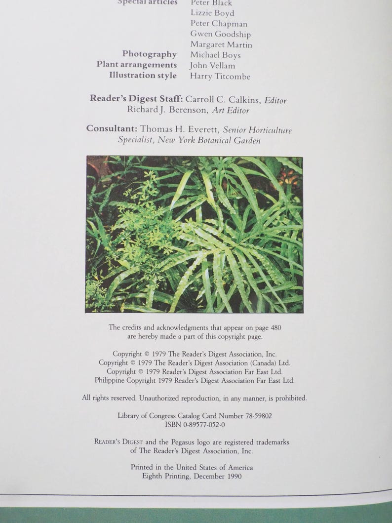 May include: A page from a Reader's Digest book featuring text and a photograph of green plants. The text includes copyright information, the Library of Congress Catalog Card Number, and the ISBN. The book was printed in the United States in December 1990.